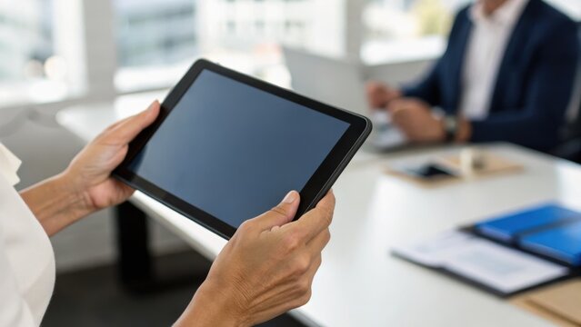 A person holds a tablet in a modern office, with a colleague visible in the background, illustrating technology in a business environment.