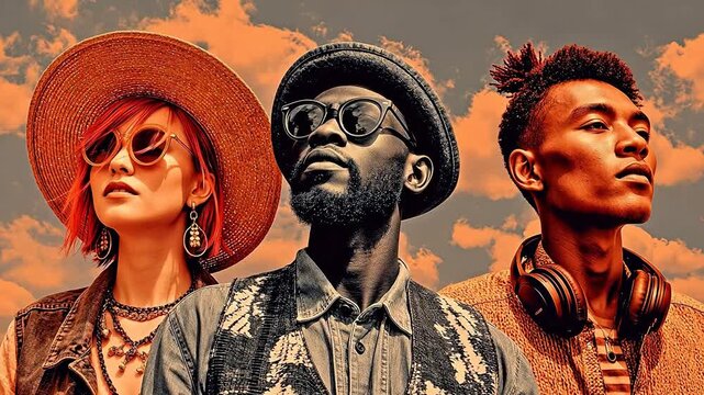 Three fashionably dressed individuals against a cloudy sky