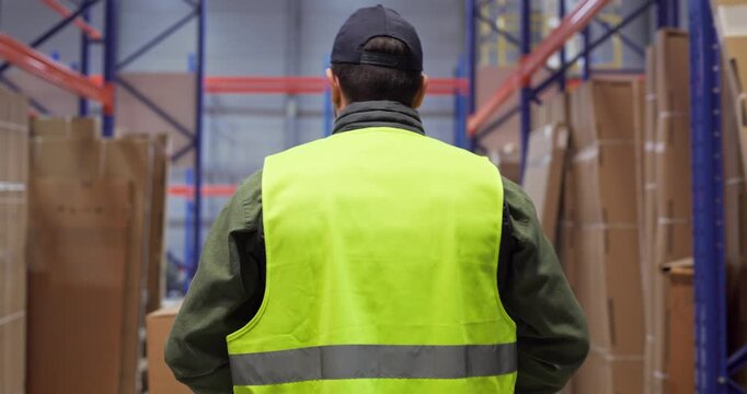 Warehouse worker manages logistics, inventory, shipping, delivery. He moves along shelves of boxes, coordinating storage and distribution. Concept highlights warehouse labor and logistics.