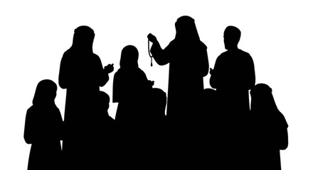 Silhouette illustration of a group of people in traditional attire and religious context isolated on transparent background, Vector