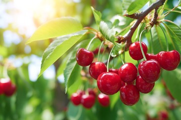Obraz premium Ripe Red Cherries on Tree Branch in Spring with Bright Sunlight