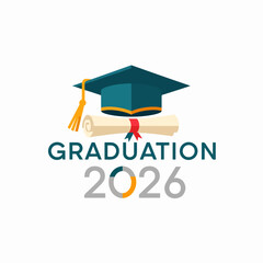 Graduation 2026 logo, graduation cap and diploma scroll icon, vector illustration for banner or poster isolated on White Background