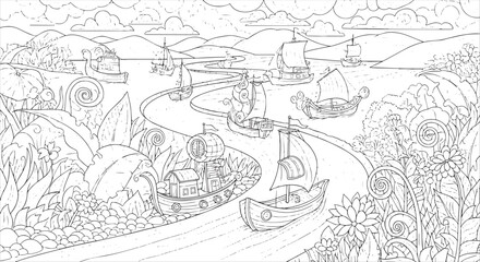 Obraz premium Whimsical River Landscape with Fantasy Boats and Giant Foliage Coloring Page