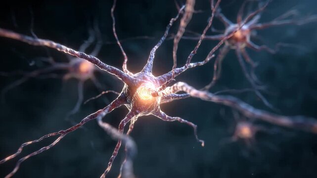 Ultra HD Active neuron cell with glowing impulse brain and nervous system communication and intelligence concept video