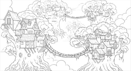 Obraz premium Magical Treehouse Village Coloring Page with Suspension Bridges and Lush Foliage