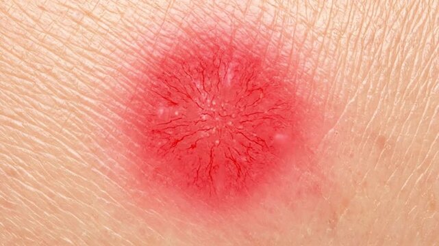 Close-up of a red, inflamed pimple on skin