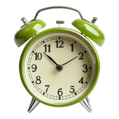 Green alarm clock showing time at eleven o'clock on transparent background.