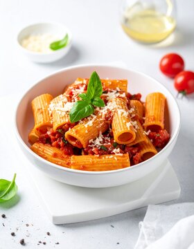Modern pr&auml;sentierte Rigatoni al Pomodoro mit glatter Tomatensauce