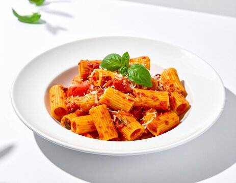 Modern pr&auml;sentierte Rigatoni al Pomodoro mit glatter Tomatensauce