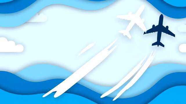 Paper Cut Style Airplanes Flying in Blue Sky with Clouds and Waves Travel and Aviation Concept.
