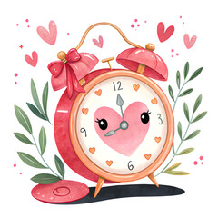 Cute pink alarm clock with heart face and bow creative illustration for valentine