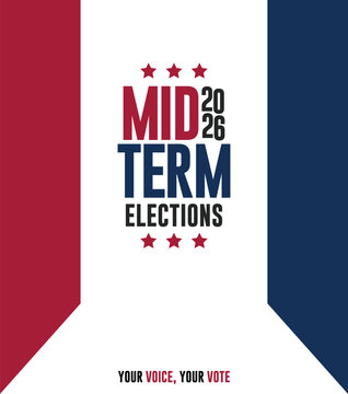 Vintage midterm elections poster with red, white, and blue radial sunburst design, bold typography, and patriotic theme. Ideal for political campaigns, voting awareness, civic events, and election