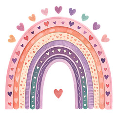 Boho watercolor rainbow with hearts and dots for nursery decoration and kids birthday party greeting