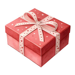 Red gift box with white heart ribbon for valentine surprise and christmas holiday celebration design