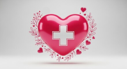 Obraz premium 3D Glossy Pink Heart with White Medical Cross Surrounded by Doodles, Symbolizing Love for Healthcare, Charity, and Wellness Support.