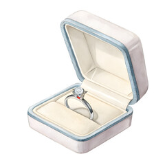 Diamond engagement ring in an open light blue jewelry box proposal concept