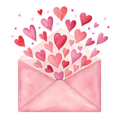 Pink watercolor envelope with flying hearts valentine love letter watercolor illustration