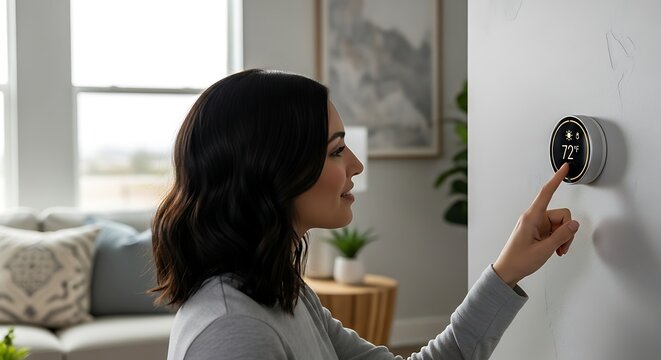 Modern Interior Woman Adjusting Smart Learning Thermostat Temperature At Home