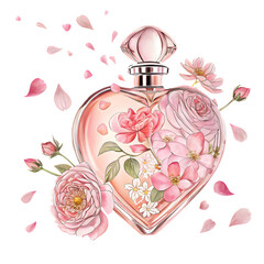 Pink heart shaped perfume bottle adorned with roses and petals floating isolated on checkered background