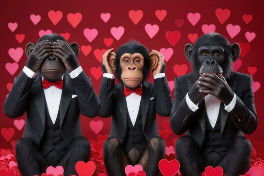 Three wise Monkeys in Suits with Hearts on a Red Background