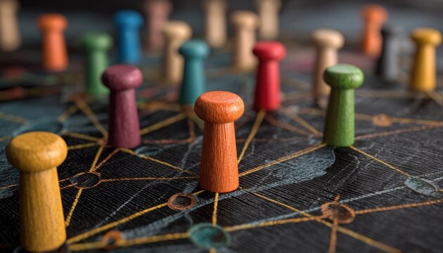 Colorful wooden pegs connected on a dark textured network map