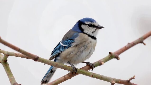 Blue jay perched on a branch against a pale background