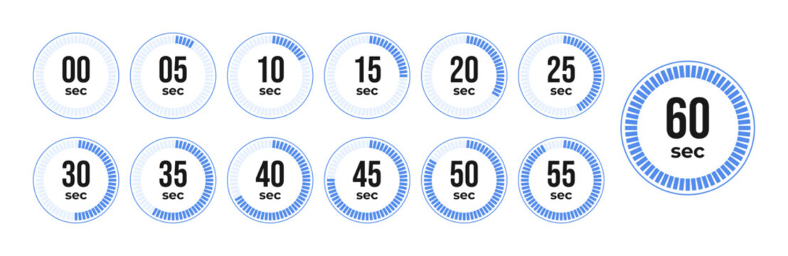 Set of circular timer icons showing seconds countdown from zero to sixty