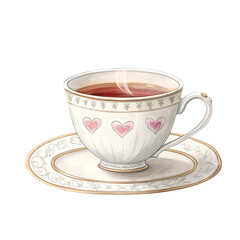 Vintage tea cup with pink heart pattern on saucer for romantic morning breakfast and home aesthetic