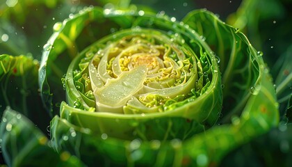 Obraz premium A close-up shot of a fresh green cabbage head surrounded by leaves in a dew-kissed garden environment from a direct viewpoint