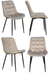 Real upholstered dining chair photographed in studio and isolated with transparent background. High-quality furniture product photography in PNG format, ideal for interior design project