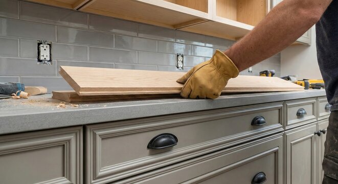 Carpenter wearing work gloves installs a wooden trim piece on a kitchen countertop during a renovation project showcasing cabinetry and subway tile backsplash