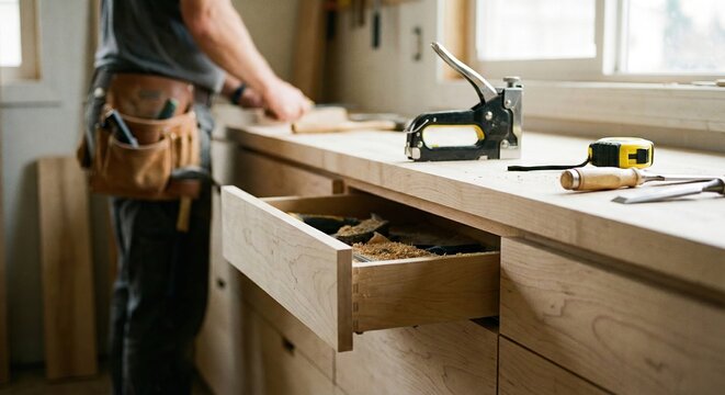 Carpenter Working in Workshop Installing Drawer and Using Tools Measuring Tape Staple Gun Woodworking Craftsmanship and DIY Home Improvement Projects Detailed View