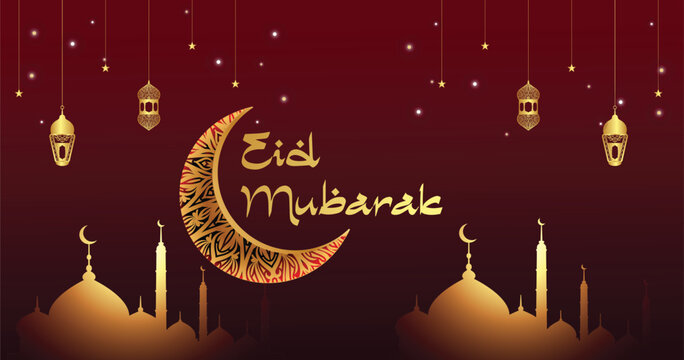 Elegant Eid Mubarak Greeting Card with Golden Crescent and Islamic Architecture