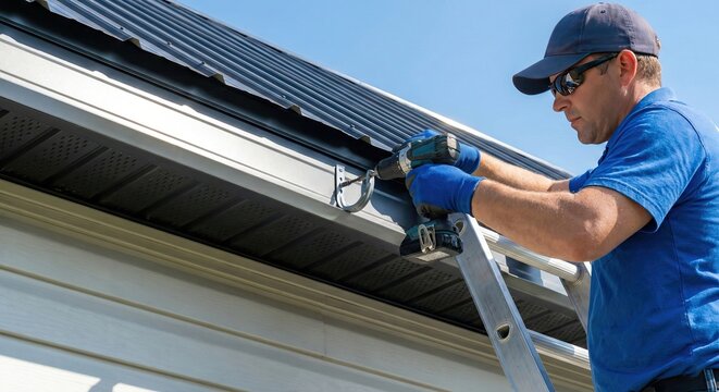 Construction worker on ladder installing gutters using a drill on a sunny day residential house exterior improvement exterior maintenance home repair residential construction project exterior siding