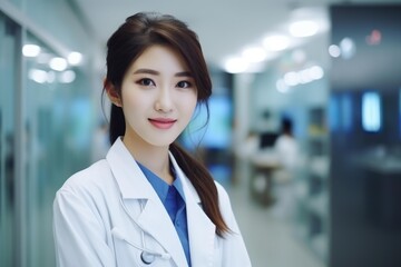 Fototapeta premium Asian female doctor smiling while standing in a modern clinic environment