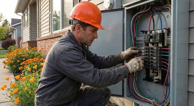 Electrician wearing a hard hat and gloves works on an electrical panel box outside a house near a flower garden demonstrating electrical service and maintenance.