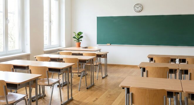Empty Classroom With Rows of Desks And Green Chalkboard Ready For Learning And Education School Environment Interior With Natural Light From Windows And a Plant