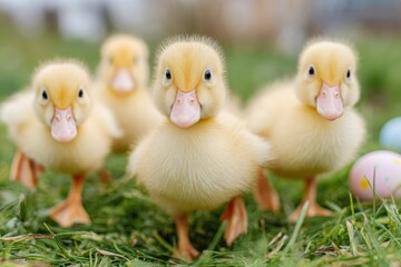 Group of fluffy yellow ducklings walking through green grass with colorful Easter eggs scattered in the background, showcasing their adorable features and playful nature