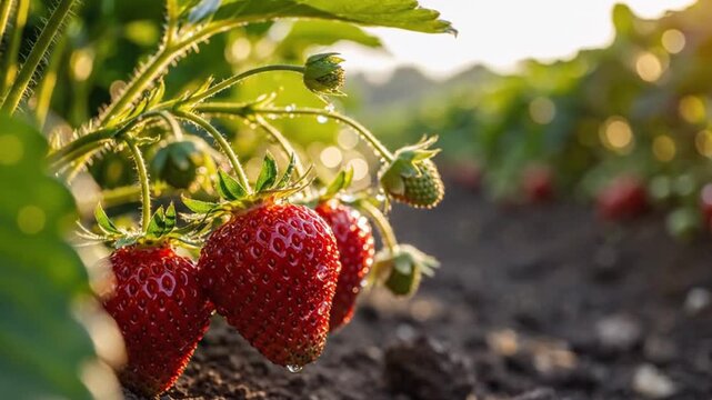 Red strawberries hang in a field illuminated by soft light with a patch of soil visible below