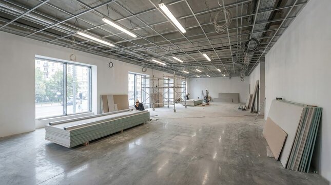 Interior Space Under Construction Showing Drywall Panels Scaffolding and Exposed Ceiling Grid with Fluorescent Lights and Large Windows Reflecting Outdoor Trees and Buildings Detailed View