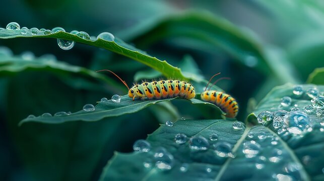 Caterpillar pests on leaf surface. Illustration on the theme of insects and ecology