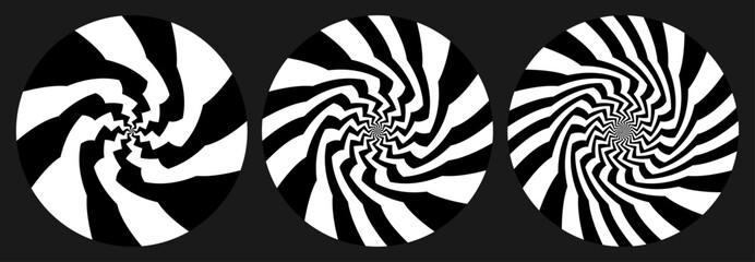 Hipnotic twist lines, spiral vortex black and white vector set.