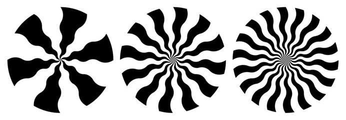 Abstract waves burst, vortex black and white vector set.
