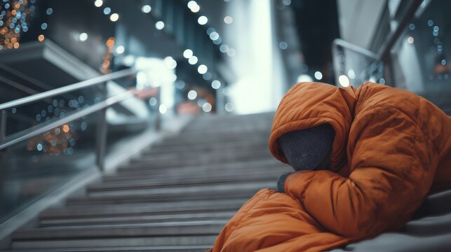 Homeless person sleeping on urban city steps
