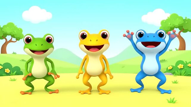 Three cartoon frogs, green, yellow, and blue, dancing happily in a sunny, grassy meadow with trees and a blue sky