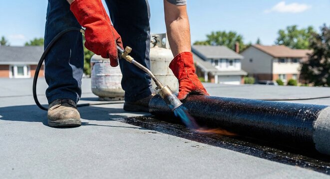 Roofer Using Torch To Weld Roofing Membrane For Waterproofing Residential Property Exterior Construction Work Safety Gear And Equipment