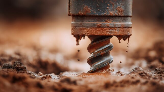 Drilling rig auger bit penetrating wet soil and clay