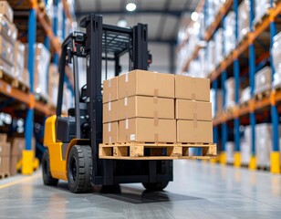 Naklejka premium Yellow forklift loading goods in modern distribution center.