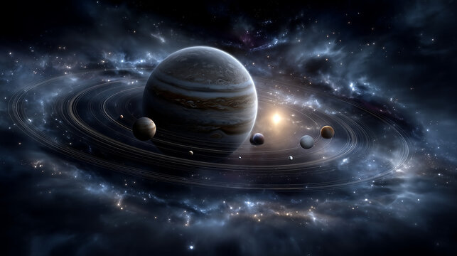 Giant ringed planet with aligned moons in deep space, cosmic solar system scene and astronomy concept ringed planet, planets, solar system, space, cosmos, universe