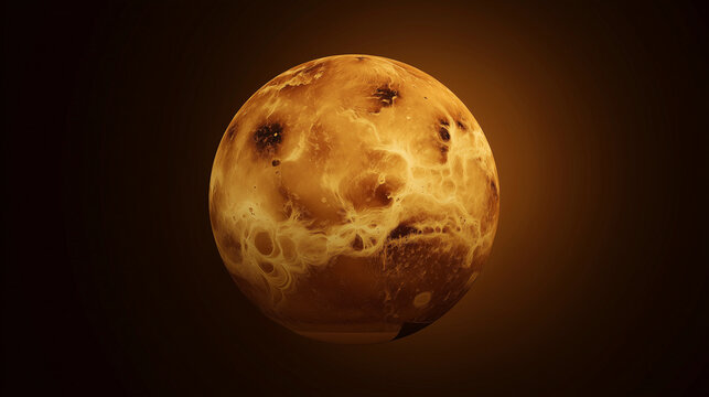 Venus sphere suspended in dark cosmic environment, warm amber planetary tones, soft atmospheric glow, realistic cratered terrain, minimal star background, clean scienti